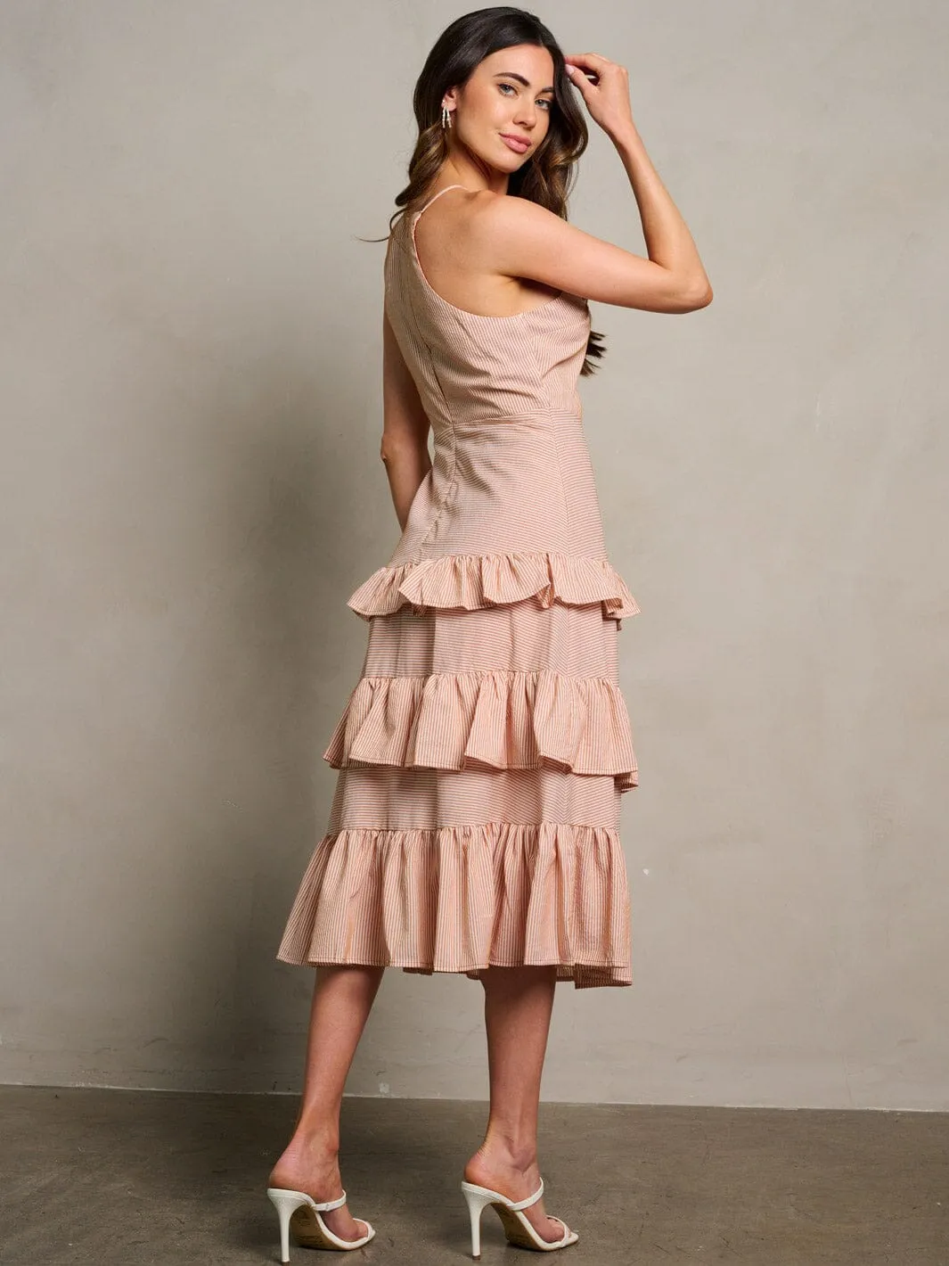 WOMEN'S SLEEVELESS RUFFLE TIERED STRIPES MIDI DRESS