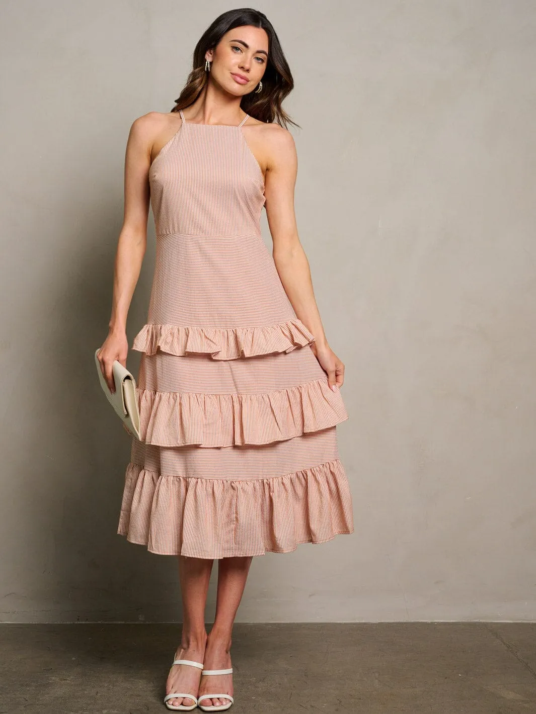 WOMEN'S SLEEVELESS RUFFLE TIERED STRIPES MIDI DRESS