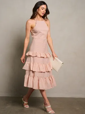 WOMEN'S SLEEVELESS RUFFLE TIERED STRIPES MIDI DRESS
