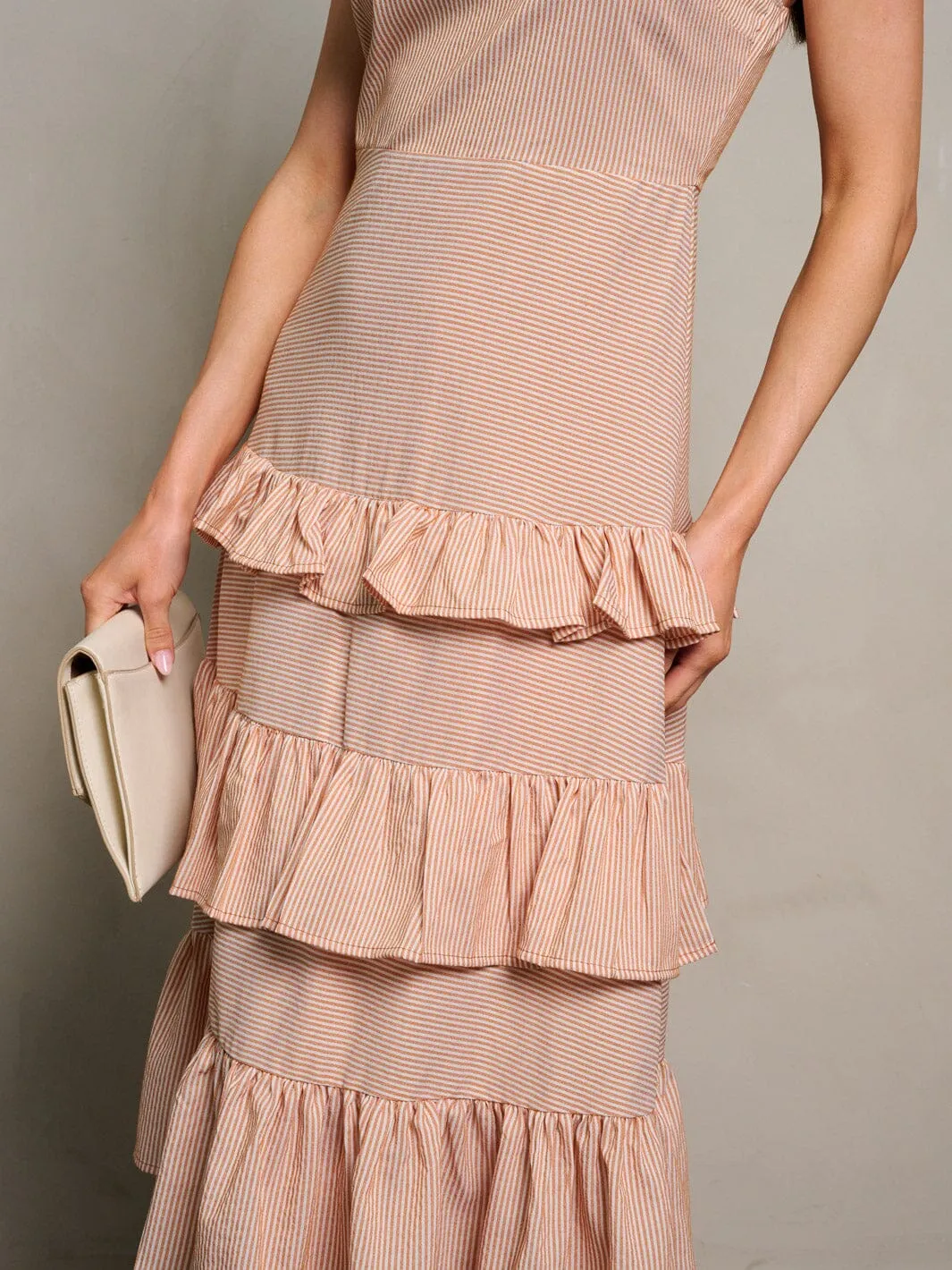 WOMEN'S SLEEVELESS RUFFLE TIERED STRIPES MIDI DRESS