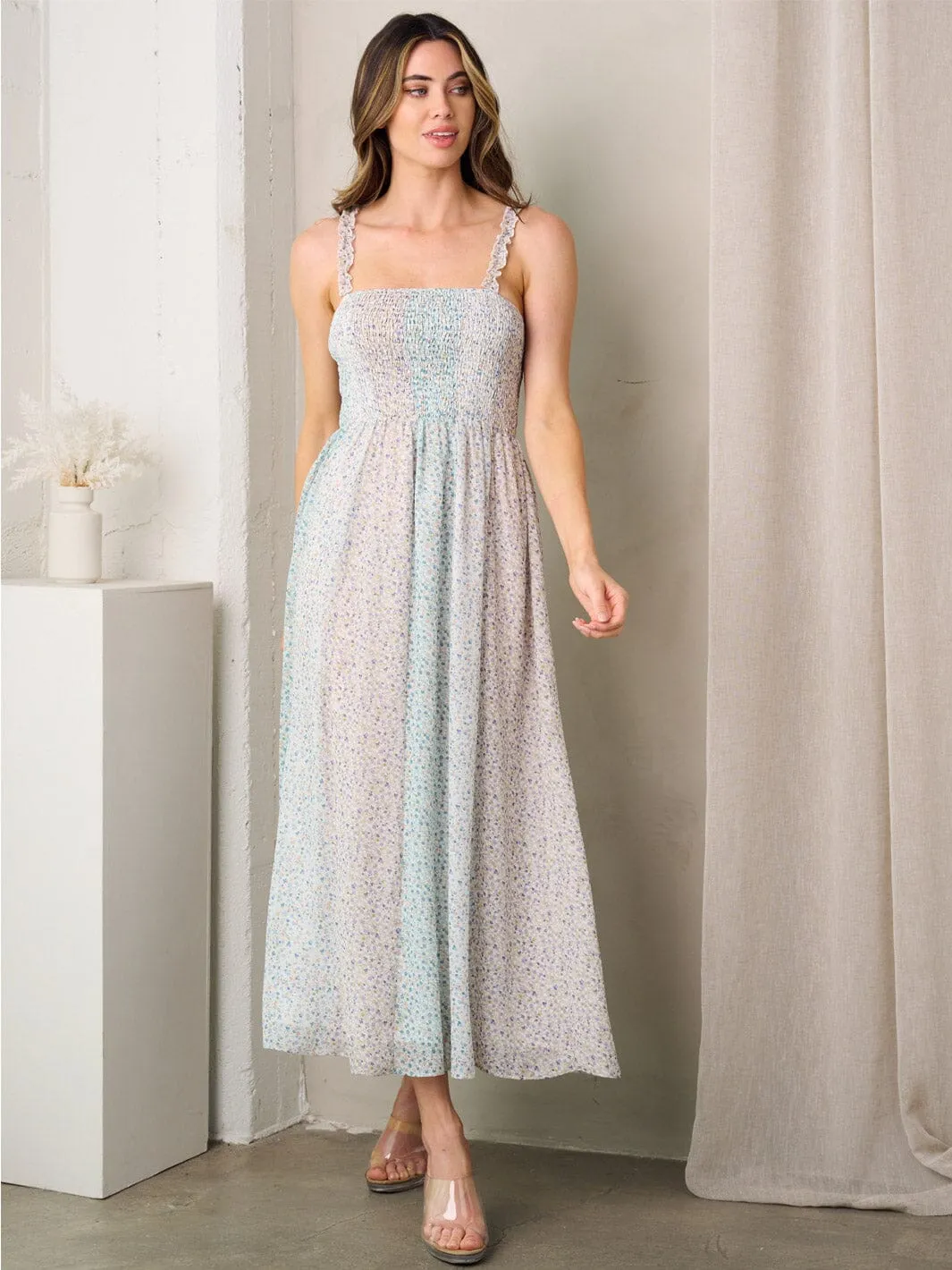 WOMEN'S SLEEVELESS SMOCK COLORBLOCK FLORAL MAXI DRESS