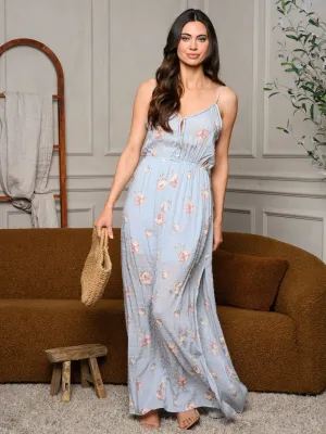 WOMEN'S SLEEVELESS V-NECK SWISS DOTS FLORAL MAXI DRESS