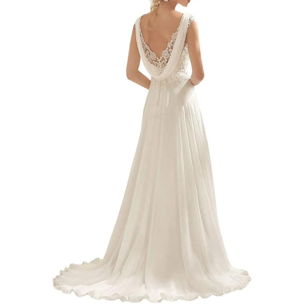 Women's Wedding Dress Lace Double V-Neck Sleeveless Evening Dress Long