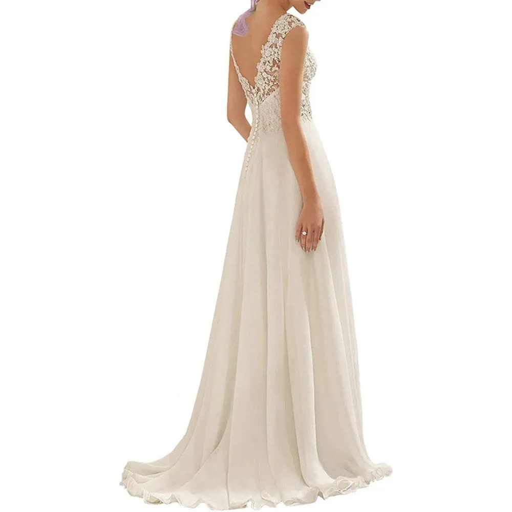 Women's Wedding Dress Lace Double V-Neck Sleeveless Evening Dress Long