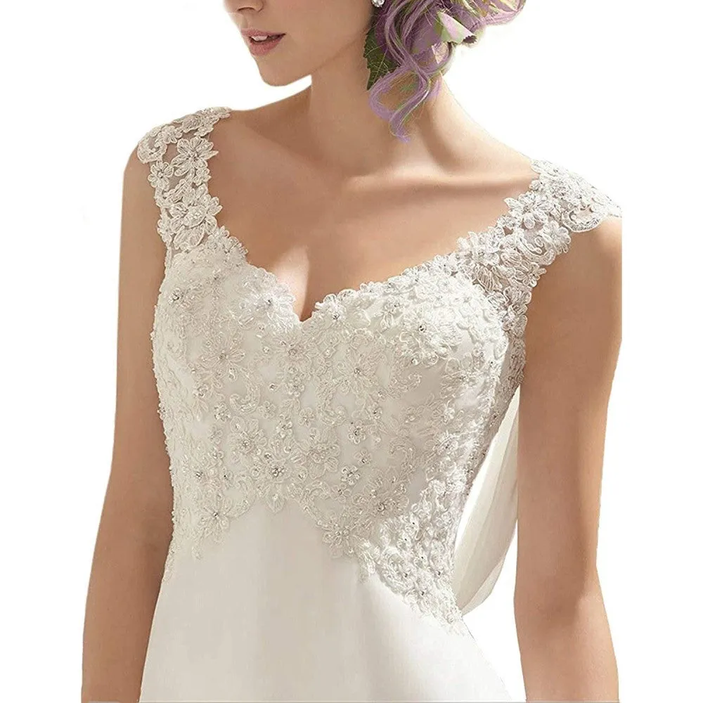 Women's Wedding Dress Lace Double V-Neck Sleeveless Evening Dress Long