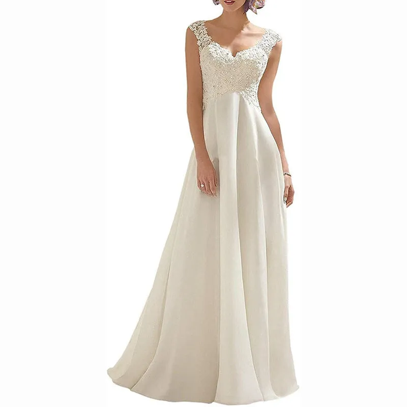 Women's Wedding Dress Lace Double V-Neck Sleeveless Evening Dress Long