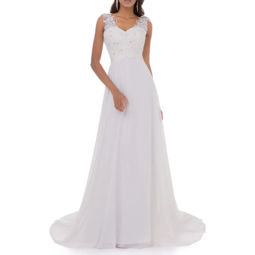 Women's Wedding Dress Lace Double V-Neck Sleeveless Evening Dress Long
